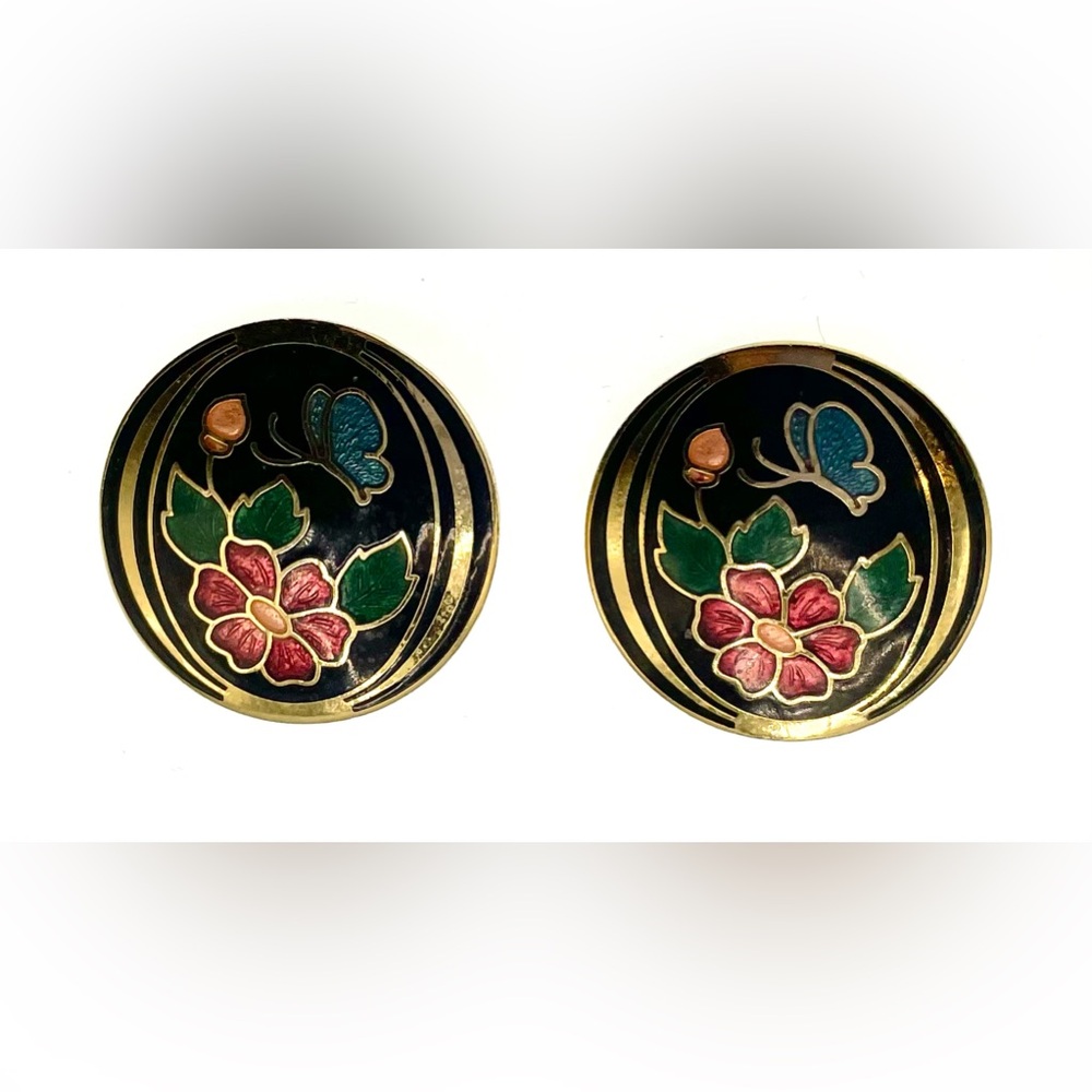 3 for $30 VTG 1980s Cloisonne Red Black Floral Flower Butterfly Clip On Earrings - Picture 1 of 7